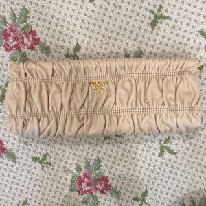 Prada Beige Ruched Gaufre Frame Leather Clutch